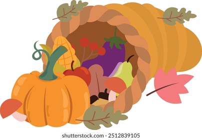 Cornucopia full of pumpkins, berrys, wheat and autumn leaves