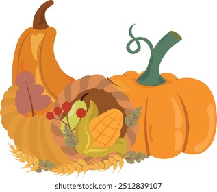 Cornucópia cheia de abóboras, berrys, trigo e folhas de outono