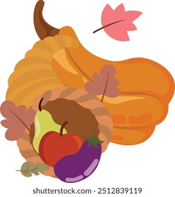 Cornucópia cheia de abóboras, berrys, trigo e folhas de outono