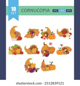 Cornucopia full of pumpkins, berrys, wheat and autumn leaves