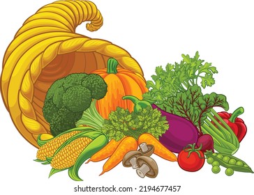 Un cuerno de oro de cornucopia con una gran cesta llena de verduras y frutas producen dibujos animados.