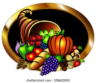 Cornucopia in a gold oval frame, can be used as a logo, sign design, advertisement. 