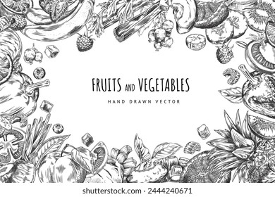 A cornucopia of hand-drawn fruits and vegetables in a detailed monochrome vector illustration for various design uses.