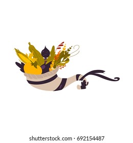 Cornucopia, horn of abundance, autumn harvest, herbs and vegetables, cartoon vector illustration isolated on white background. Cartoon cornucopia, horn of abundance, thanksgiving symbol, decoration