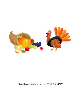 Cornucopia, horn of abundance, autumn harvest, fruits and vegetables, cartoon vector illustration isolated on white background. Cartoon cornucopia, horn of abundance, thanksgiving symbol, decoration