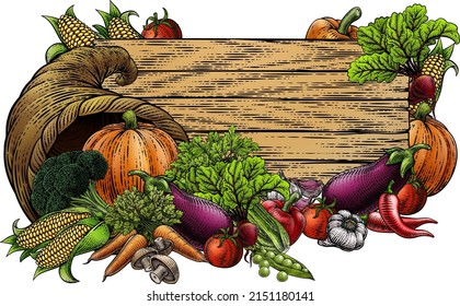 A cornucopia or horn of plenty in front of a sign surrounded garden vegetables and fresh produce. Could be a sign for Thanksgiving or Harvest Festival