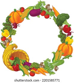 A Cornucopia Horn Of Plenty Fruit And Vegetable Produce Food Thanksgiving Circular Frame Border Background.