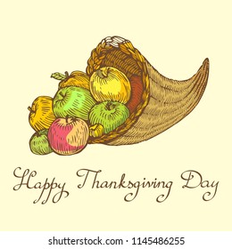 Cornucopia, horn of plenty with fruits hand drawn illustration ink sketch isolated on white background