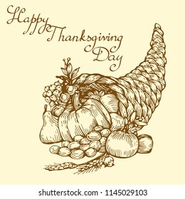 Cornucopia, horn of plenty with fruits, vegetables, apples, pear, grape and pumpkin. Hand drawn vector illustration ink outline, engraving vintage design for greeting card