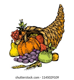 Cornucopia, cuerno lleno de frutas, verduras, manzanas, pera, uva y calabaza. Esquema de tinta de ilustración de vector dibujado a mano, icono de vintage grabado aislado en fondo blanco
