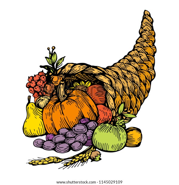Cornucopia,
horn of plenty with fruits, vegetables, apples, pear, grape and
pumpkin. Hand drawn vector illustration ink outline, engraving
vintage icon isolated on white
background
