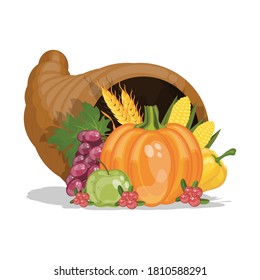 Cornucopia. Horn of plenty harvest symbol. Cartoon vector illustration for Thanksgiving day. 