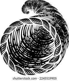 Cornucopia horn of plenty illustration in a vintage retro woodcut etching style.