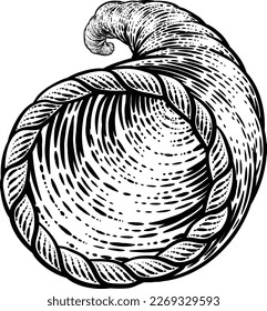 Cornucopia horn of plenty illustration in a vintage retro woodcut etching style.