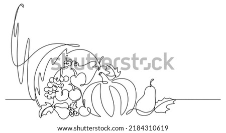 cornucopia horn of plenty line art vector illustration. continuous line drawing style.