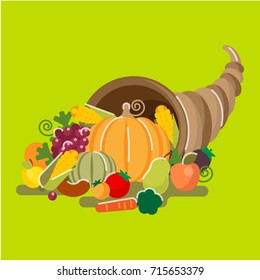 Cornucopia horn of plenty a symbol of abundance and nourishment. Large horn shaped container overflowing with vegetables, fruits, corn and berries. 