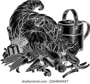 Cornucopia horn of plenty with vegetables and fruit produce and gardening garden tools. Illustration in a vintage retro woodcut etching style.