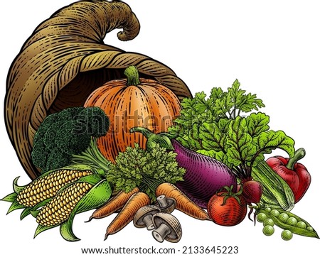 Cornucopia horn of plenty with vegetables and fruit produce. Illustration in a vintage retro woodcut etching style.
