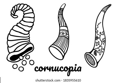 Conjunto de líneas Cornucopia, símbolo de boceto vectorial Horn of Plenty aislado en fondo blanco. Dibujo tradicional a mano Ilustración para el día de Acción de Gracias, otoño cosecha temporada cosecha festival banner o diseño de volante.