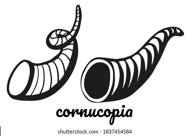 Cornucopia line set,  Horn of Plenty vector sketch symbol isolated on white background. Traditional hand drawn Illustration for Thanksgiving day, autumn season harvest festival banner or flyer design.