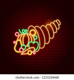 Cornucopia Neon Sign. Vector Illustration of Fall Holiday Promotion.