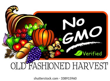 Cornucopia with No G.M.O. Verified, Old Fashioned Harvest, can be used for logo design, signs, labels and advertisement.