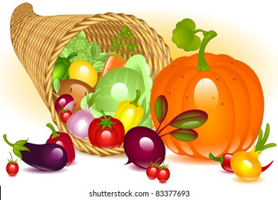 Cornucopia with pumpkin. Collection of vegetables on white background