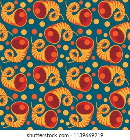 Cornucopia with rain coins. Seamless pattern. Vector illustration.