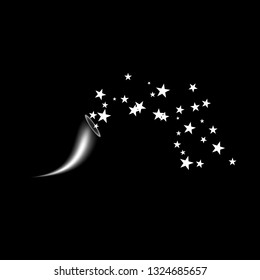 A cornucopia shoots a white star. Fireworks star random source of flow. Shooting star. Stars on a black background.
