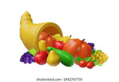 Cornucopia thanksgiving 3D icon overflowing with autumn bounty. Vector illustration of pumpkins, corn, grapes, apples, and pears, symbolizing harvest abundance.