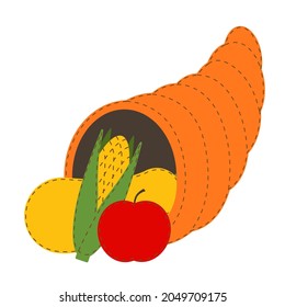 Cornucopia with vegetables icon. Thanksgiving day felt decoration element. Vector flat illustration isolated on white background.