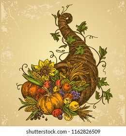 Cornucopia. Vintage color card. Engraving style. Vector illustration.