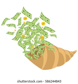 Cornucopia from which fly out of money. Generosity, success, wealth on business. Flat vector cartoon illustration. Objects isolated on a white background.