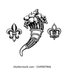 cornucopia-horn of plenty and floral Heraldic elements. gerb symbol of wealth, riches. vector illustration.