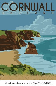 Cornwall England Vector Illustration Background. Travel to Cornwall South West England United Kingdom. Flat Cartoon Vector Illustration in Colored Style.