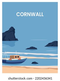 Cornwall England Vector Illustration Background. flat cartoon travel poster in minimalist style. 