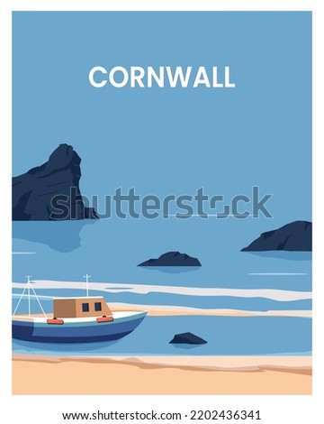 Cornwall England Vector Illustration Background. flat cartoon travel poster in minimalist style. 