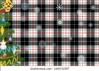 Cornwall (St Piran) tartan at the base for a Christmas or New Year card or for designing a website in a Christmas style with a Scottish style