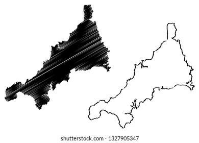 Cornwall (United Kingdom, England, Non-metropolitan County, Shire County) Map Vector Illustration, Scribble Sketch 