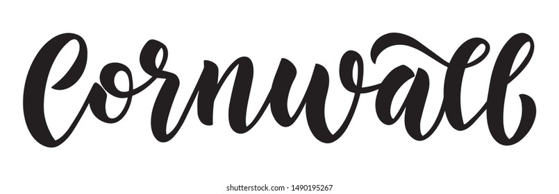 Cornwall. Vector hand lettering element. Neat brush lettering script for county name for posters, greeting cards, postcards, maps. Isolated black and white element.