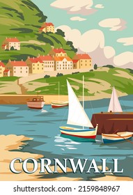 Cornwall Vintage Poster, South West England, United Kingdom. Travel poster coast, buikdings, sailboats. Vector illustration