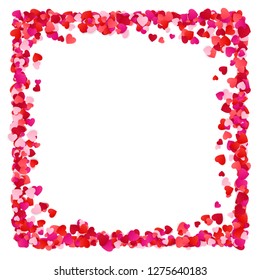 Corolful Red Paper Hearts Frame Background. Hearts Frame with space for Text. Romantic Scattered Hearts Texture. Vector illustration