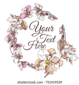 Corolla circle of flowers of violets, logo, gift card, thanks, cover, background, wallpaper, for beauty salon, cosmetics, firms, costume jewelry, women's shop, handmade, linear dyed flowers