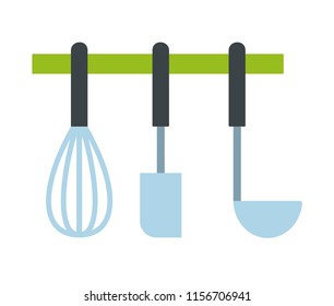 Corolla, scapula and ladle on the bracket for hanging kitchen utensils vector flat material design isolated on white.