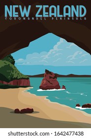 Coromandel Peninsula Vector Illustration. Travel to Coromandel Peninsula on North Island New Zealand. Flat Cartoon Vector Illustration in Colored Style.