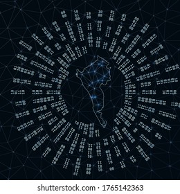 Coron Island digital map. Binary rays radiating around a glowing island. Internet connections and data exchange design. Vector illustration.