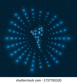 Coron Island digital map. Glowing rays radiating from the island. Network connections and telecommunication design. Vector illustration.