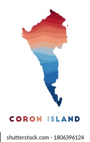 Coron Island map. Map of the island with beautiful geometric waves in red and blue colors. Vivid Coron shape. Vector illustration.