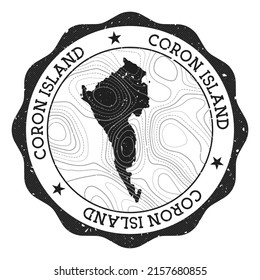 Coron Island outdoor stamp. Round sticker with map with topographic isolines. Vector illustration. Can be used as insignia, logotype, label, sticker or badge of the Coron Island.