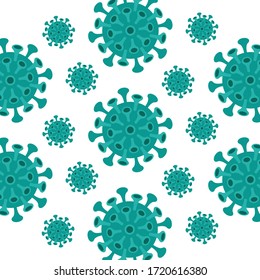 Corona 19 seamless pattern. Repetitive vector illustration of flat blue viruses on transparent background. Corona 19, pandemic.